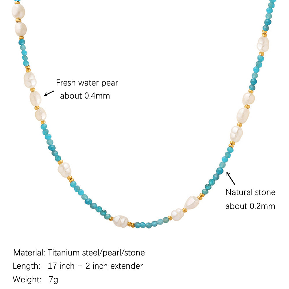 Bohemian Blue Apatite Fresh Water Pearl Beads Necklace, Titanium Steel, Boho Jewelry AL694
