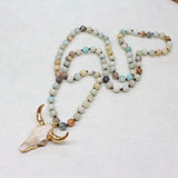 35" Bohemian Gold Plated Gemstone Mala Beads & Longhorn Necklace, Bull Head Necklace, Handmade Boho Jewelry AL728