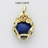 Unique Gold Plated Rose Flower Oval Gemtone Pendant, Polished Egg Stone Pendant, Healing Crystal Jewelry WX2227