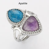 Unique Triangle Amethyst & Teardrop Gemstone Ring, Silver Plated, Faceted Stone Ring, Adjustable, Crystal Jewelry WX2234