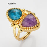 Unique Triangle Amethyst & Teardrop Gemstone Ring, Gold Plated, Faceted Stone Ring, Adjustable, Crystal Jewelry WX2231