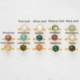 Hexagon Gold Gemstone Ring, Adjustable Size, Birthstone Ring, Natural Stone Jewelry WX2230