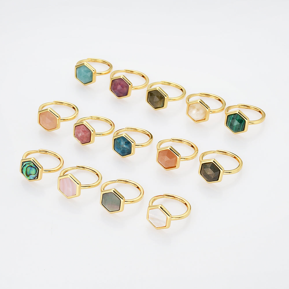 Hexagon Gold Gemstone Ring, Adjustable Size, Birthstone Ring, Natural Stone Jewelry WX2230