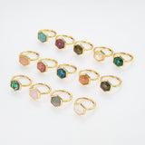 Hexagon Gold Gemstone Ring, Adjustable Size, Birthstone Ring, Natural Stone Jewelry WX2230