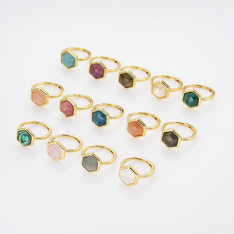 Hexagon Gold Gemstone Ring, Adjustable Size, Birthstone Ring, Natural Stone Jewelry WX2230