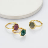 Hexagon Gold Gemstone Ring, Adjustable Size, Birthstone Ring, Natural Stone Jewelry WX2230