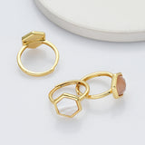 Hexagon Gold Gemstone Ring, Adjustable Size, Birthstone Ring, Natural Stone Jewelry WX2230