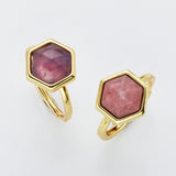 Hexagon Gold Gemstone Ring, Adjustable Size, Birthstone Ring, Natural Stone Jewelry WX2230