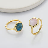 Hexagon Gold Gemstone Ring, Adjustable Size, Birthstone Ring, Natural Stone Jewelry WX2230