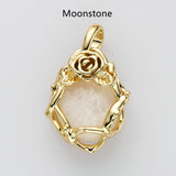 Unique Gold Plated Rose Flower Oval Gemtone Pendant, Polished Egg Stone Pendant, Healing Crystal Jewelry WX2227
