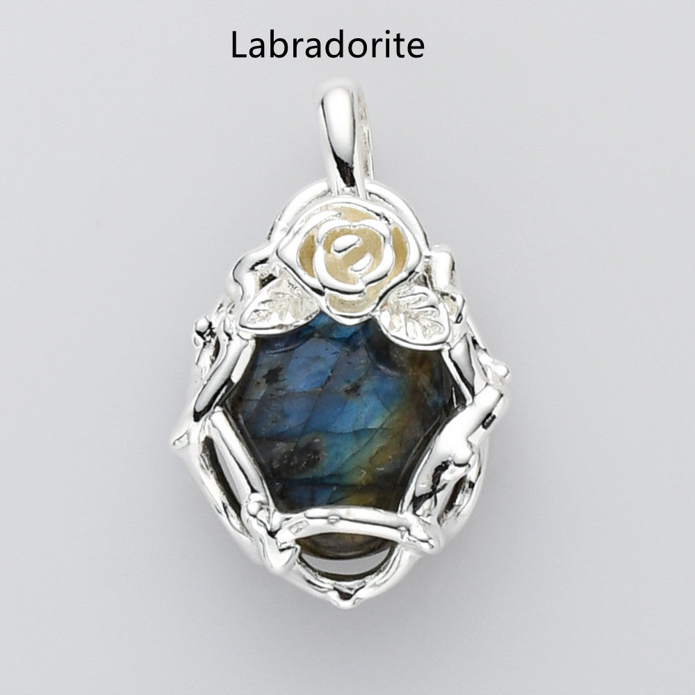 Unique Silver Plated Rose Flower Oval Gemtone Pendant, Polished Egg Stone Pendant, Healing Crystal Jewelry WX2228