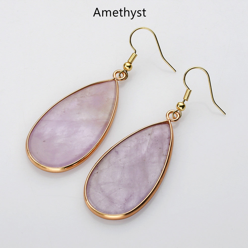 Teardrop Gold Gemstone Earrings, Amethyst Rose Quartz Lapis Jasper Stone Drop Earring WX2217