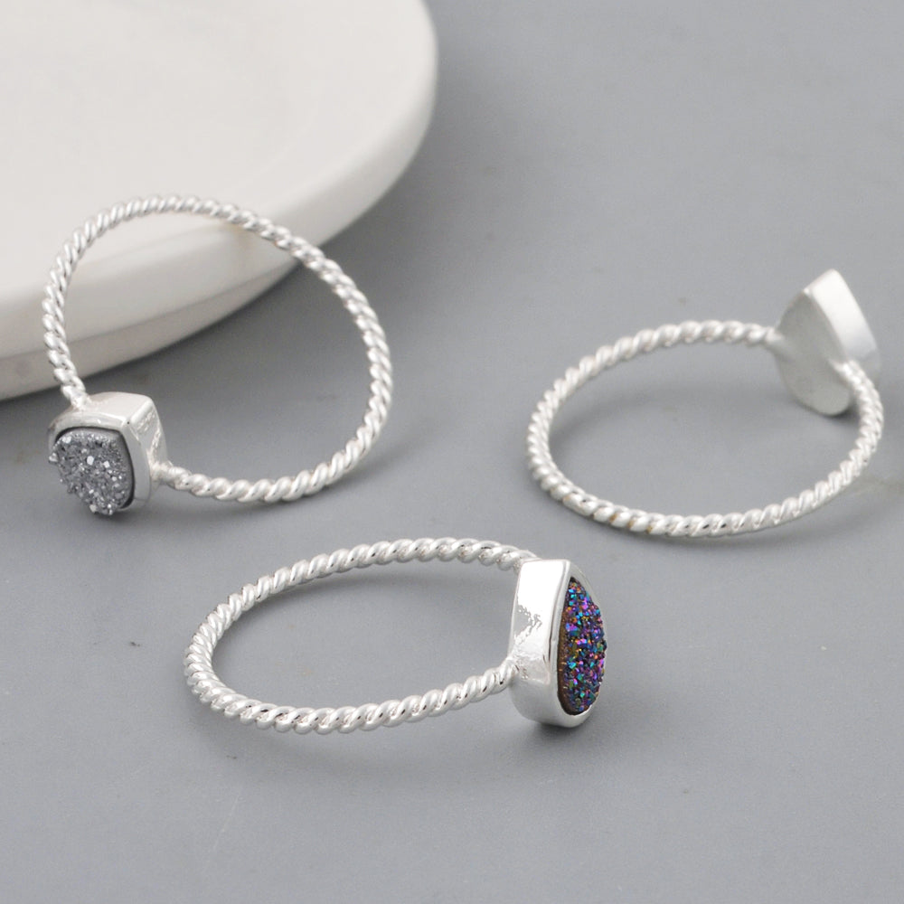 Teardrop Silver Plated Bezel Natural Titanium Agate Druzy Bezel Ring ZS0288
