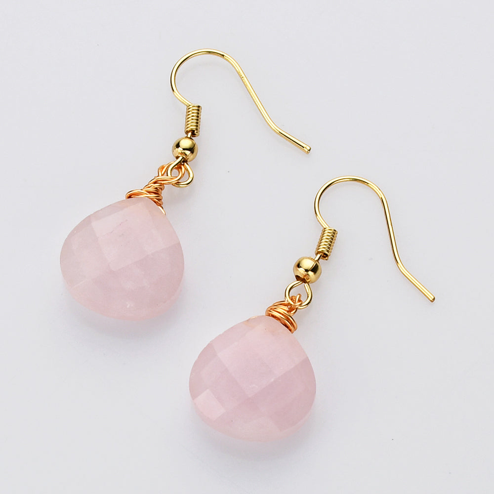 rose quartz earrings, Teardrop Gold Multi Gemstone Earrings, Faceted Healing Crystal Stone Earring, Simple Fashion Jewelry WX2236