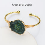 Gold Multi Gemstone Bracelet, Solar Quartz, Agate Druzy Slice Bangle Cuff, Handmade Boho Jewlery WX2237