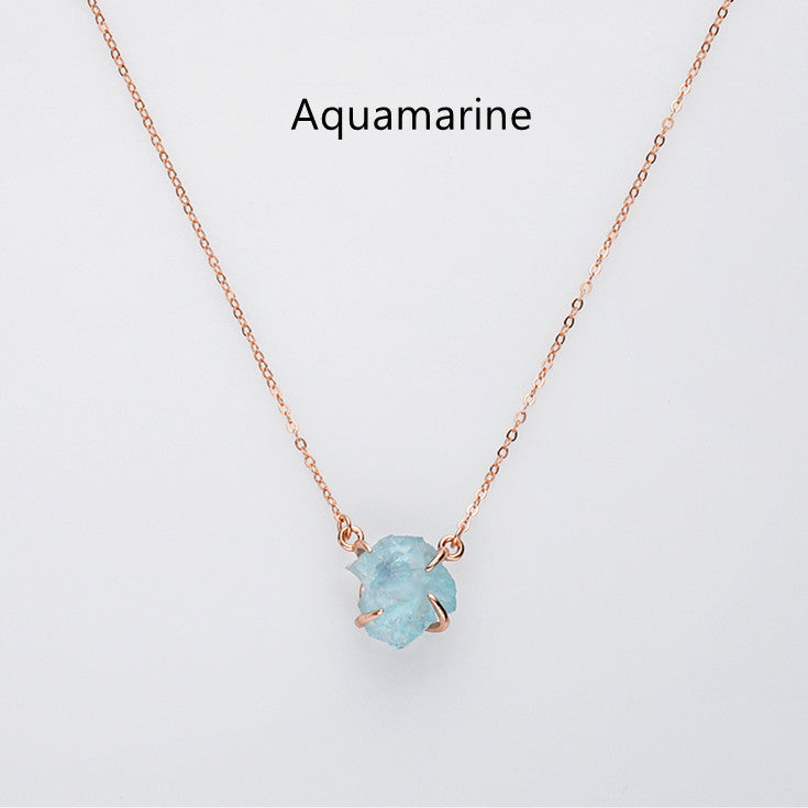 raw aquamarine necklace, rose gold sterling silver necklace, birthstone necklace, healing gemstone necklace, crystal quartz jewelry, gift for women