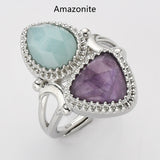 Unique Triangle Amethyst & Teardrop Gemstone Ring, Silver Plated, Faceted Stone Ring, Adjustable, Crystal Jewelry WX2234