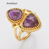 Unique Triangle Amethyst & Teardrop Gemstone Ring, Gold Plated, Faceted Stone Ring, Adjustable, Crystal Jewelry WX2231