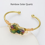 Gold Multi Gemstone Bracelet, Solar Quartz, Agate Druzy Slice Bangle Cuff, Handmade Boho Jewlery WX2237