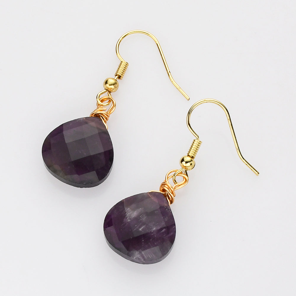 amethyst earrings, Teardrop Gold Multi Gemstone Earrings, Faceted Healing Crystal Stone Earring, Simple Fashion Jewelry WX2236