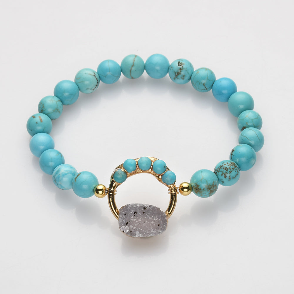 Unique Natural Druzy and Turquoise Circle Round Stretch Bracelet, 8mm Blue Howlite Beads, Boho Jewelry AL715