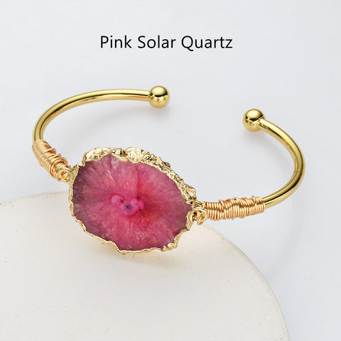 Gold Multi Gemstone Bracelet, Solar Quartz, Agate Druzy Slice Bangle Cuff, Handmade Boho Jewlery WX2237