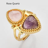 Unique Triangle Amethyst & Teardrop Gemstone Ring, Gold Plated, Faceted Stone Ring, Adjustable, Crystal Jewelry WX2231