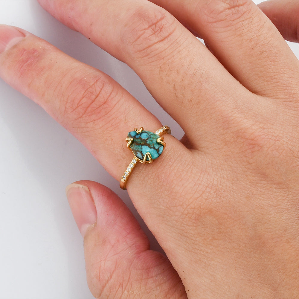 Copper Turquoise Ring, Teardrop Gold Multi Gemstone CZ Ring, Faceted Birthstone Ring, Healing Crystal Stone Ring, Simple Fashion Jewelry For Women SS257