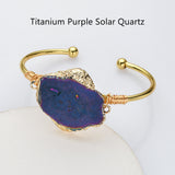 Gold Multi Gemstone Bracelet, Solar Quartz, Agate Druzy Slice Bangle Cuff, Handmade Boho Jewlery WX2237