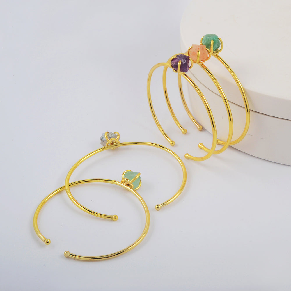 Gold Plated Claw Multi Natural Gemstone Raw Stone Adjustable Bangle Bracelet Jewelry Cuff ZG0451