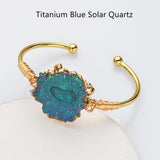 Gold Multi Gemstone Bracelet, Solar Quartz, Agate Druzy Slice Bangle Cuff, Handmade Boho Jewlery WX2237