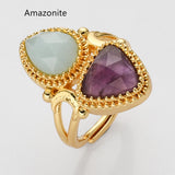 Unique Triangle Amethyst & Teardrop Gemstone Ring, Gold Plated, Faceted Stone Ring, Adjustable, Crystal Jewelry WX2231