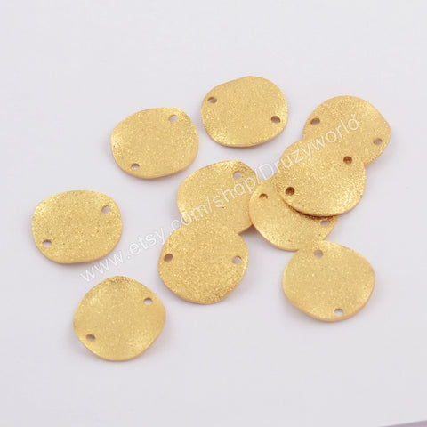 50 Pcs of Matt Gold Plated Brass Wavy Round Slice Connector Findings, Double Holes, For Jewelry Making PJ316
