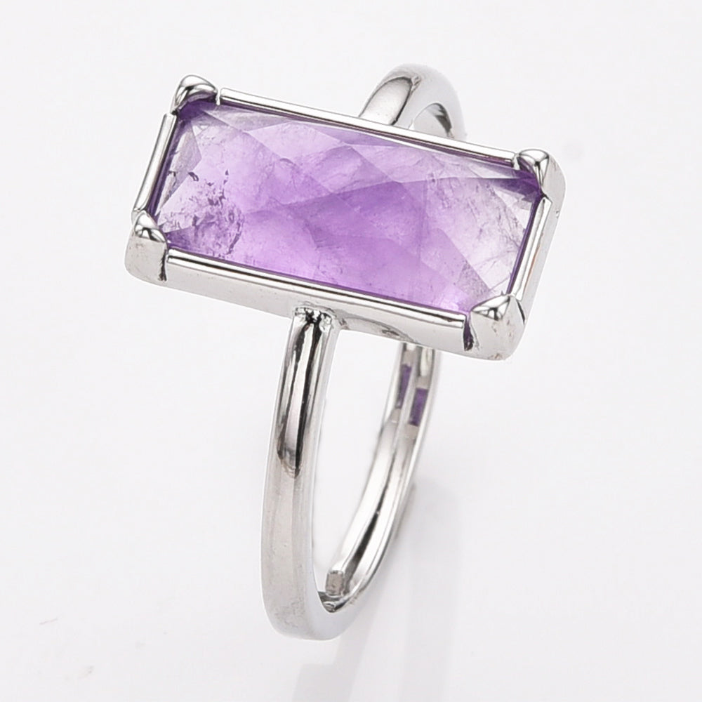 Silver Bezel Rectangle Multi Gemstone Faceted Statement Ring, Adjustable Crystals Rings ZS0532