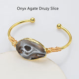 Gold Multi Gemstone Bracelet, Solar Quartz, Agate Druzy Slice Bangle Cuff, Handmade Boho Jewlery WX2237