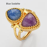 Unique Triangle Amethyst & Teardrop Gemstone Ring, Gold Plated, Faceted Stone Ring, Adjustable, Crystal Jewelry WX2231