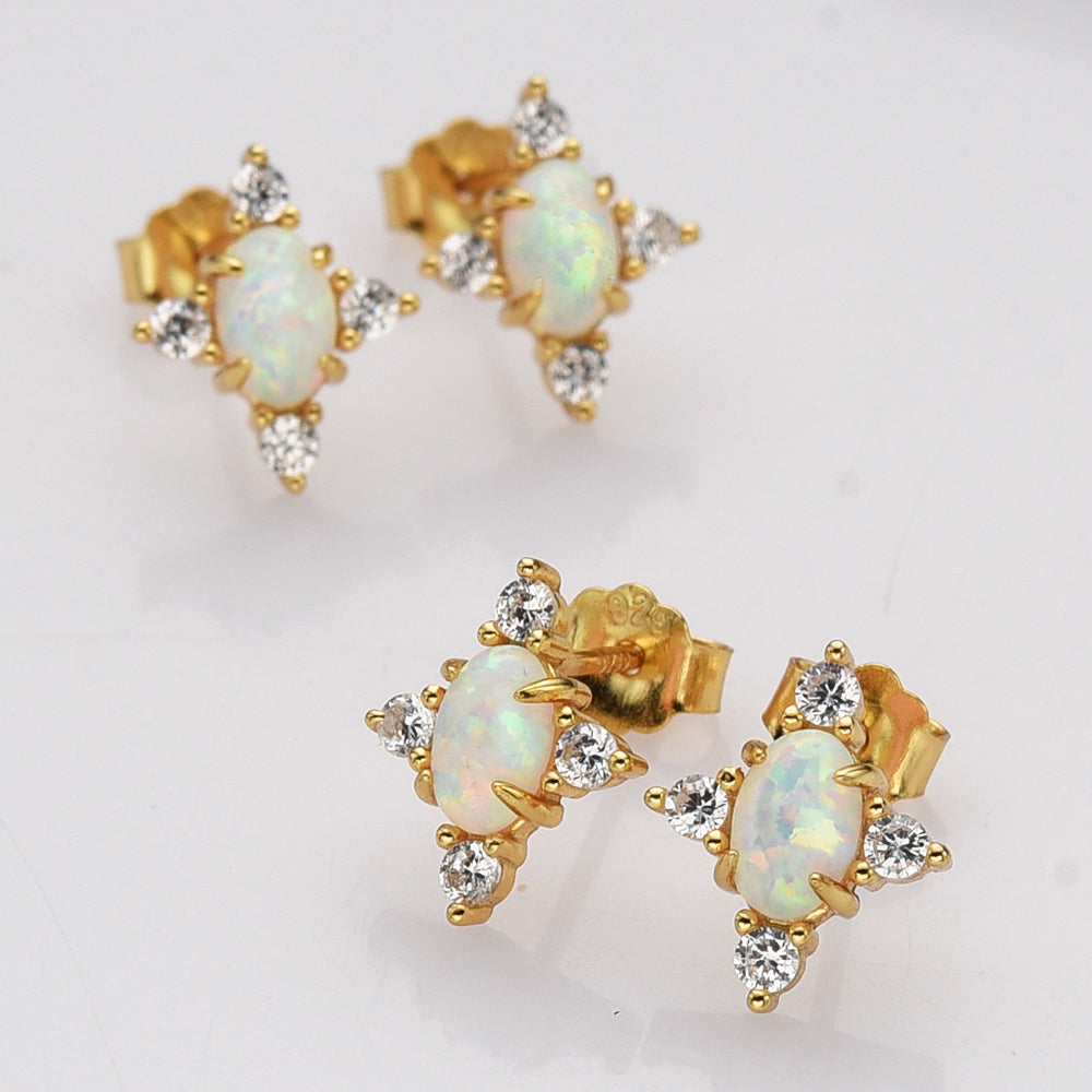 Gold Plated White Opal Stud Earrings, 925 Sterling Silver, CZ Pave, Gemstone Earrings Jewelry SS289-3
