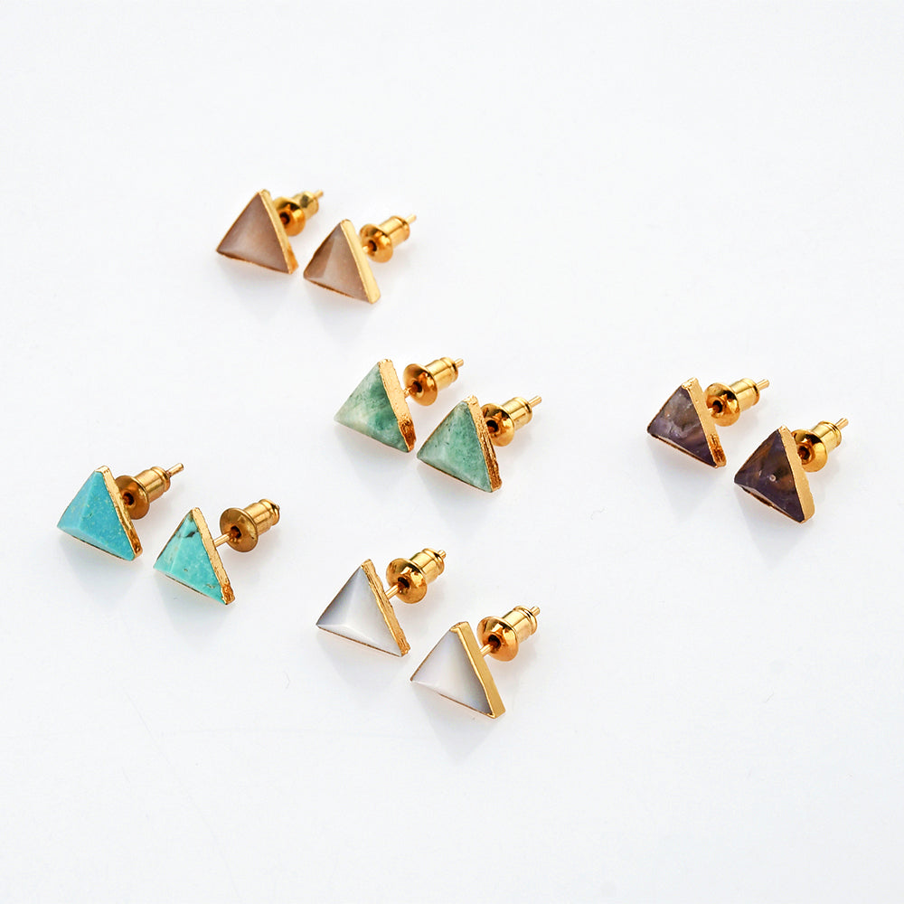 Gold Triangle Gemstone Faceted Stud Earrings, Healing Crystal Earring, Boho Jewelry G1300 birthstone jewelry