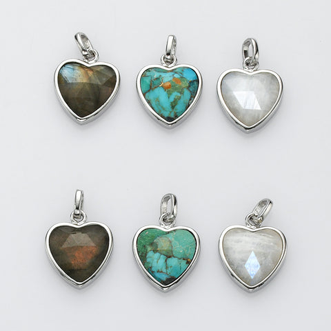 Silver Plated Gemstone Heart Pendants, Moonstone Labradorite Copper Turquoise Jewelry Pendant ZS0506