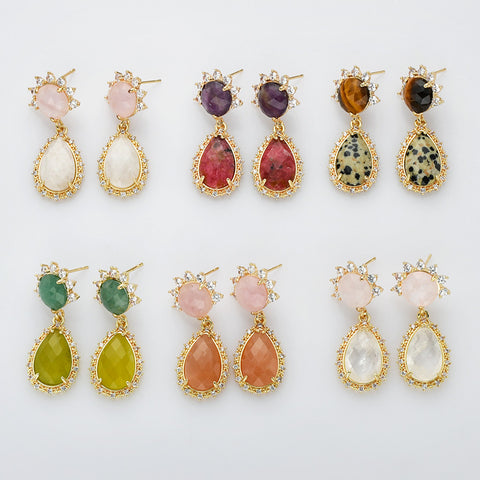 Gold CZ Gemstone Dangle Earrings, Faceted, Round Teardrop, Birthstone Earring, Healing Crystal Quartz Earring, Boho Jewelry WX2229