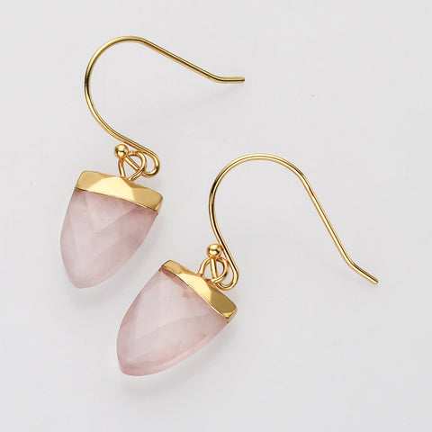Gold Plated Shield Rose Quartz Faceted Earrings, Crystal Gemstone Earring, Birthstone Jewelry G2071-E