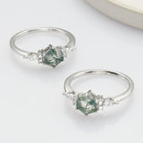 925 Sterling Silver White CZ Hexagon Moss Agate Faceted Ring SS277