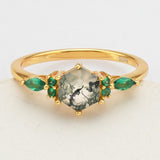 Gold Plated 925 Sterling Silver Green CZ Hexagon Moss Agate Ring SS275