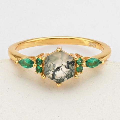 Gold Plated 925 Sterling Silver Green CZ Hexagon Moss Agate Ring SS275