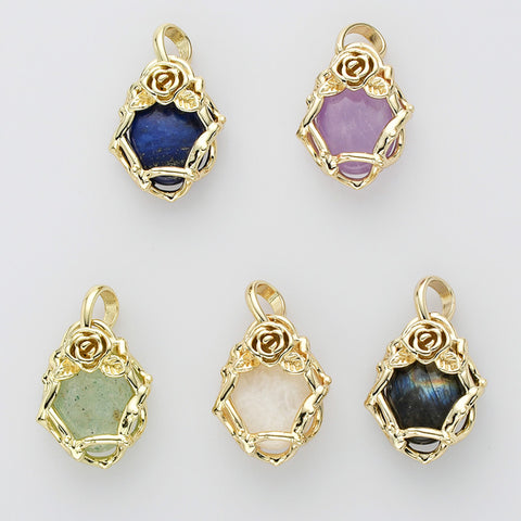 Unique Gold Plated Rose Flower Oval Gemtone Pendant, Polished Egg Stone Pendant, Healing Crystal Jewelry WX2227
