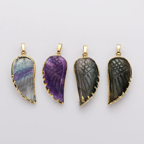 Gold Wing Gemstone Pendant Bead, Amethyts Fluorite Labradorite Jewelry Pendant WX2238