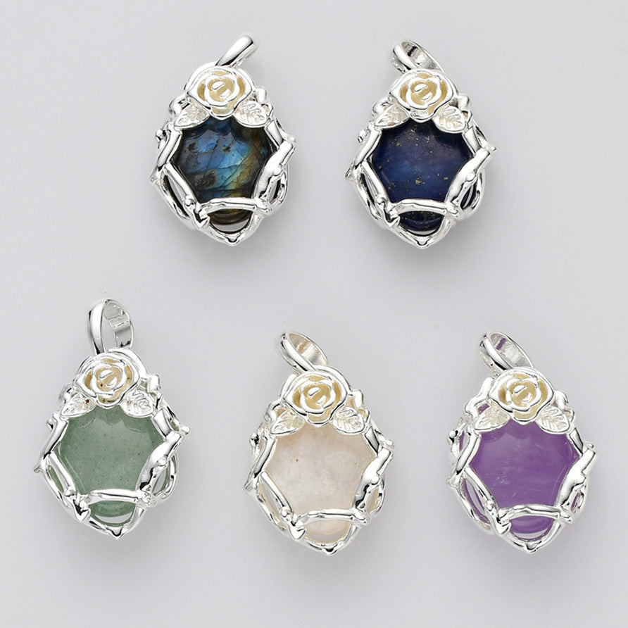 Unique Silver Plated Rose Flower Oval Gemtone Pendant, Polished Egg Stone Pendant, Healing Crystal Jewelry WX2228