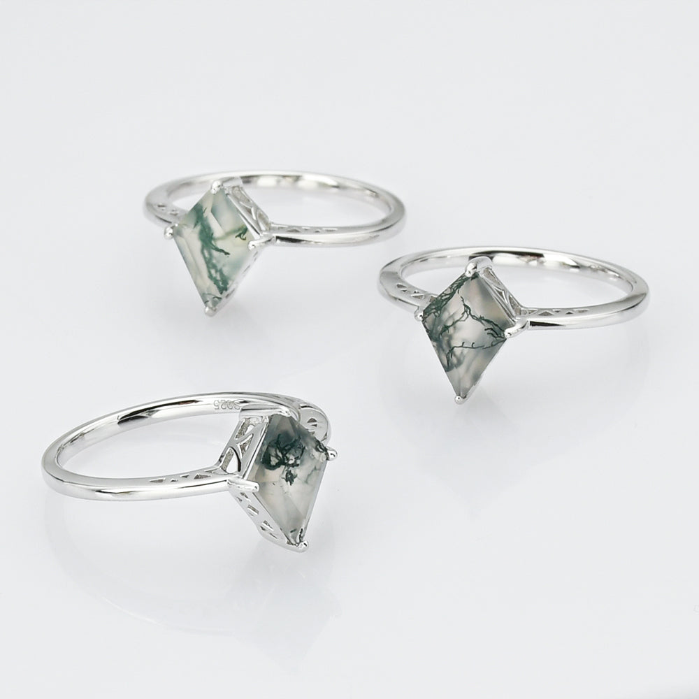925 Sterling Silver Diamond Natural Moss Agate Ring, Gemstone Jewelry SS270-2