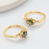 Gold Plated 925 Sterling Silver White CZ Hexagon Moss Agate Faceted Ring SS276RG