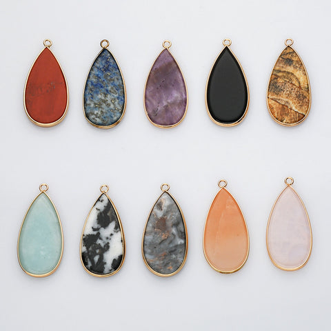 Teardrop Gold Multi Gemstone Pendant Bead, Amethyst Jasper Stone Charm, Wholesale Supply WX2216